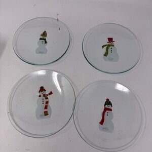 The Pampered Chef Snowman Round Appetizer Plates Set of 4 Clear Glass Christmas